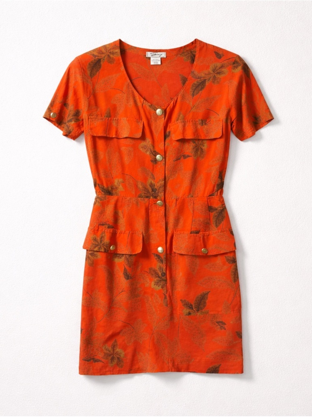 Vintage Genny Silk Floral Gold Button Front Dress Orange Tigerlily Party Office